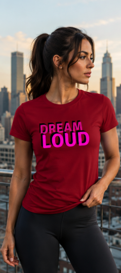 Cherry red t-shirt with 'Dream Loud' in pink text, standing against a city skyline.