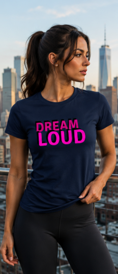 Woman wearing a navy t-shirt with 'Dream Loud' in pink text, standing against a city skyline.